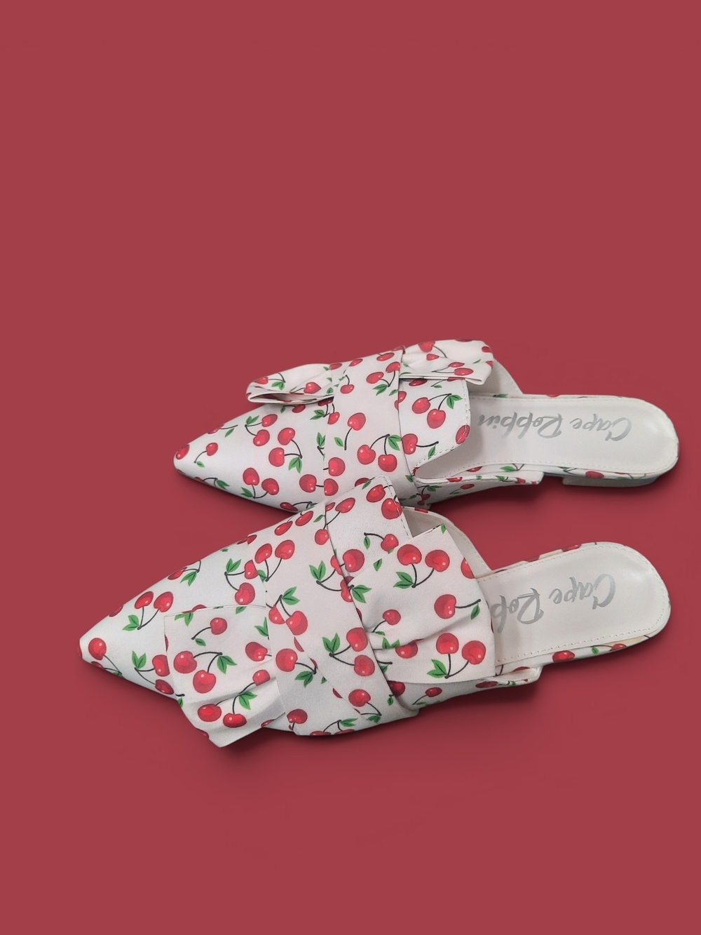 Cape Robbin White Cherry-Print Pointed Toe Slide Mules